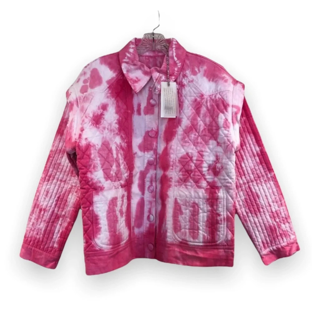 LoveShackFancy Adelade Pink Tie Dye Bohemian Preppy Button Down Denim Jacket
